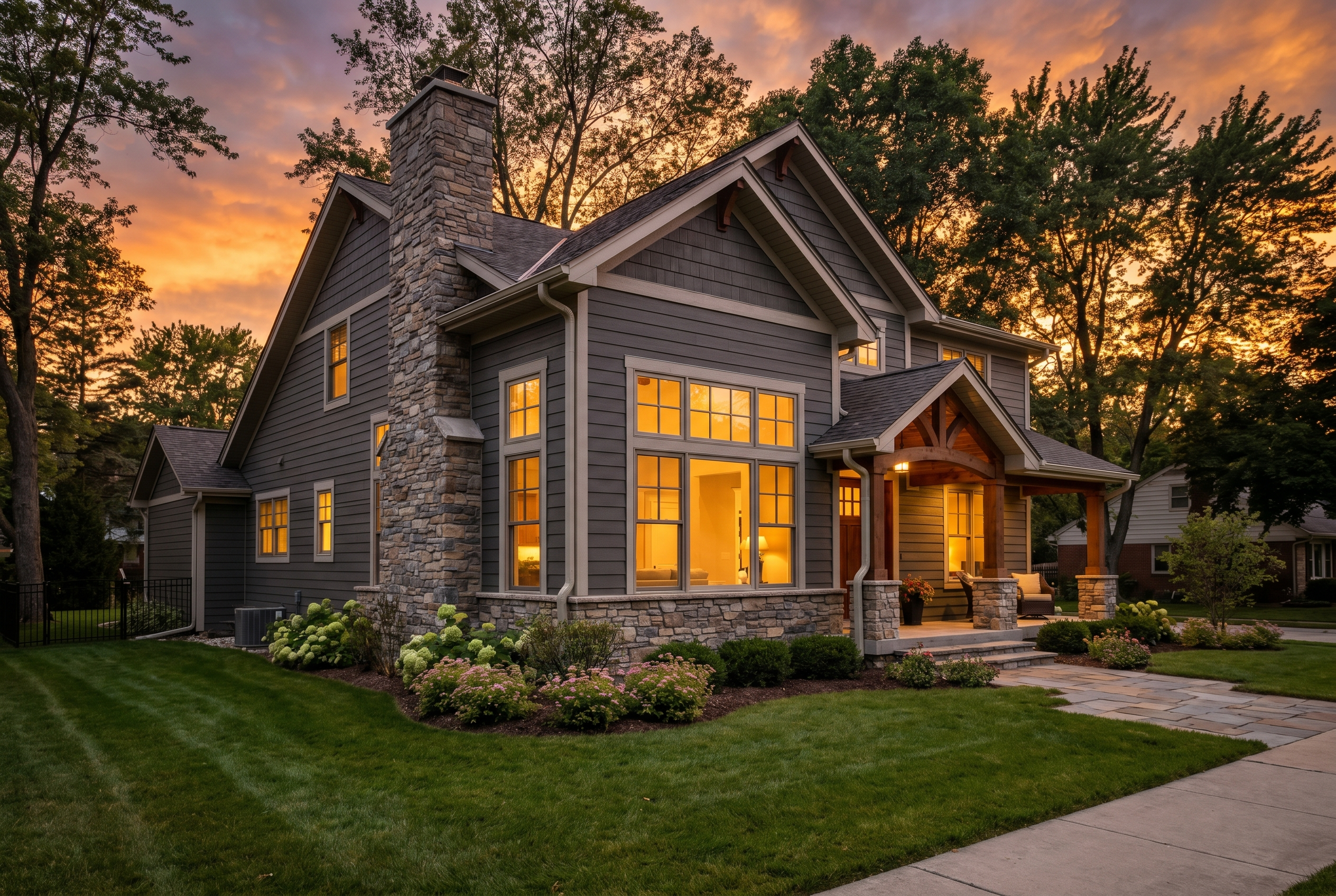 Renovated craftsman home exterior at dusk in Macomb County, Michigan